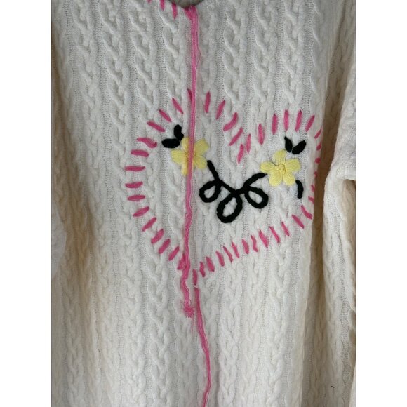 NEW POL Cream Embroidered Pink Heart Soft Sweater Oversized Size M Valentine - Picture 4 of 6